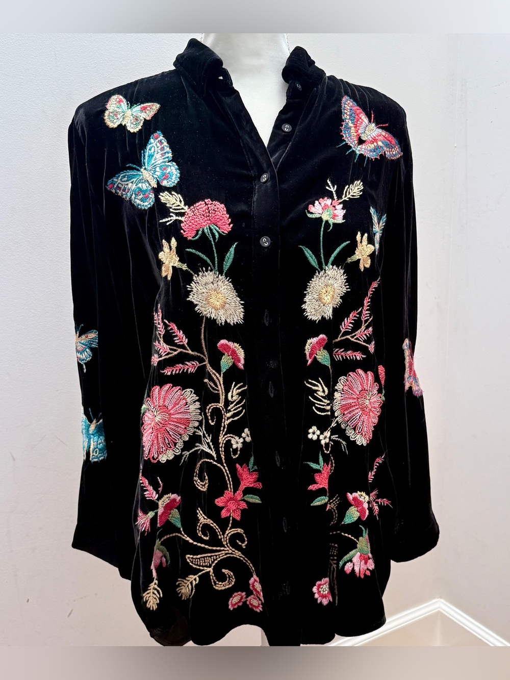 Johnny Was Black Velvet Top with Butterfly & Flower Embroidery